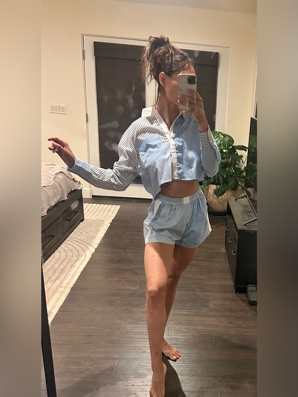 Striped Blue and White Women’s Shorts and cropped long sleeve button down